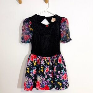 Vintage Eber 80s 90s Floral Rose Black Velvet Girls Dress Formal Holiday Size 10